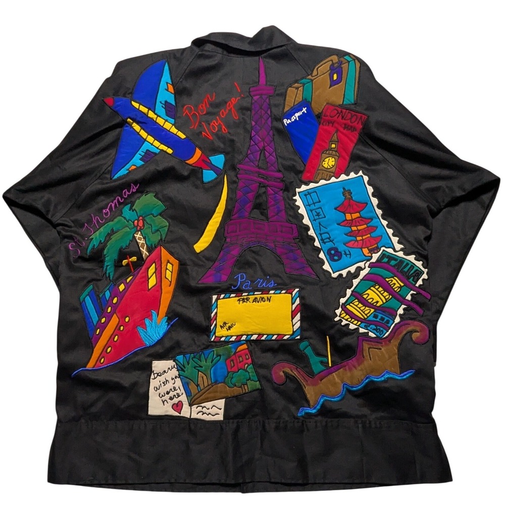 VTG Silkscapes Travel Applique Jacket Black Cotton Silk Paris Small Oversized